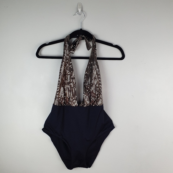 TWINSET NWT‎ Halter Top One-Piece Swimsuit Gold/Black B Cup Women's Size M - Picture 3 of 13